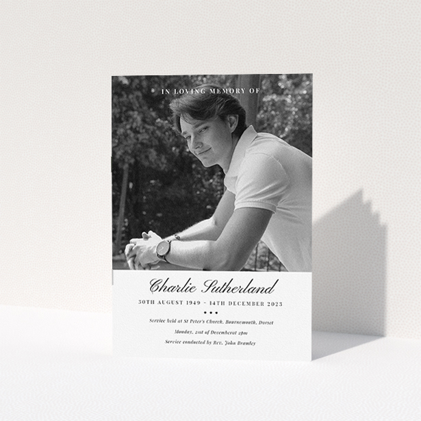 A funeral order of service named "Bold Elegance. It is an A5 booklet in a portrait orientation. It is a photographic funeral program with room for 1 photo. "Bold Elegance" is available as a folded booklet booklet, with splashes of white.