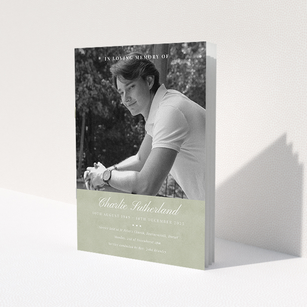 A funeral order of service named 'Bold Elegance. It is an A5 booklet in a portrait orientation. It is a photographic funeral program with room for 1 photo. 'Bold Elegance' is available as a folded booklet booklet, with splashes of green.