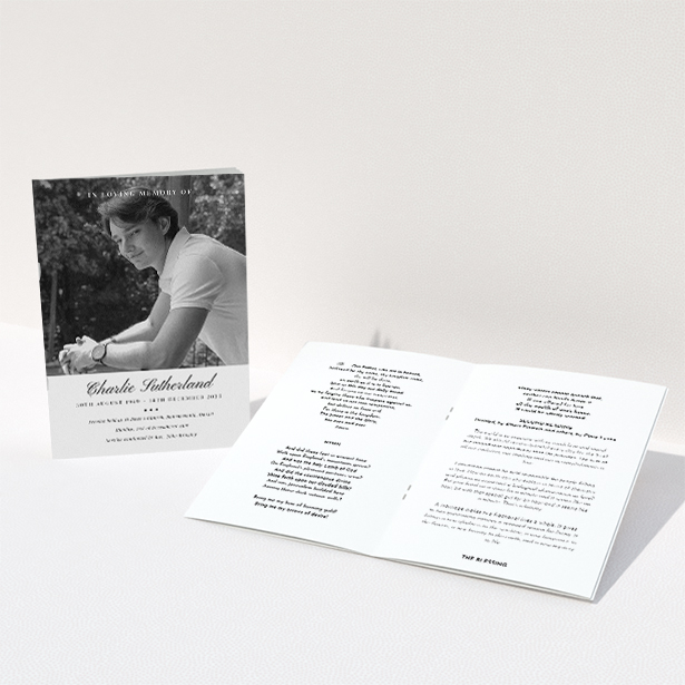 A funeral order of service named "Bold Elegance. It is an A5 booklet in a portrait orientation. It is a photographic funeral program with room for 1 photo. "Bold Elegance" is available as a folded booklet booklet, with splashes of white.