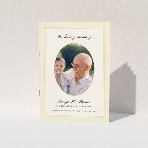 A funeral order of service named "Bright Border. It is an A5 booklet in a portrait orientation. It is a photographic funeral program with room for 1 photo. "Bright Border" is available as a folded booklet booklet, with tones of yellow, gold and cream.