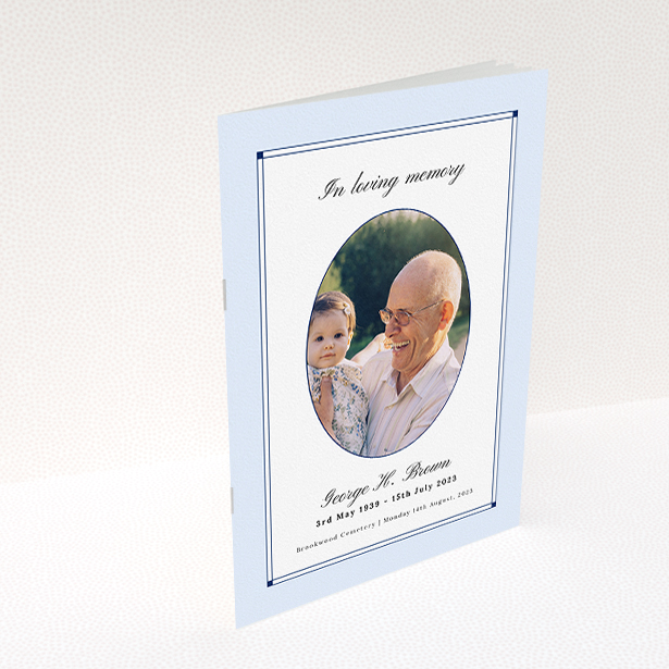 A funeral order of service named "Bright Border. It is an A5 booklet in a portrait orientation. It is a photographic funeral program with room for 1 photo. "Bright Border" is available as a folded booklet booklet, with neutral tones.