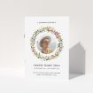 A funeral order of service named "Bright Florals. It is an A5 booklet in a portrait orientation. It is a photographic funeral program with room for 1 photo. "Bright Florals" is available as a folded booklet booklet, with tones of yellow, light pink and orange.