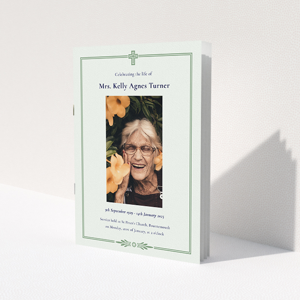 A funeral order of service named 'Classic Christian. It is an A5 booklet in a portrait orientation. It is a photographic funeral order of service with room for 1 photo. 'Classic Christian' is available as a folded booklet booklet, with splashes of green.