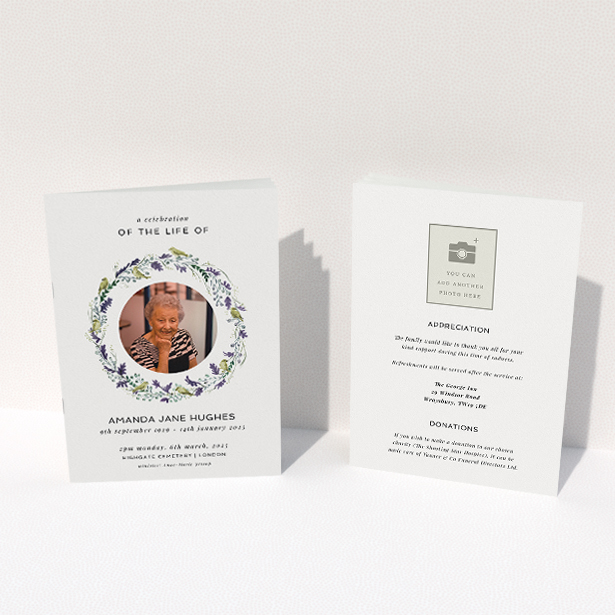 A funeral order of service named "Bird wreath. It is an A5 booklet in a portrait orientation. It is a photographic funeral order of service with room for 1 photo. "Bird wreath" is available as a folded booklet booklet, with tones of green and purple.