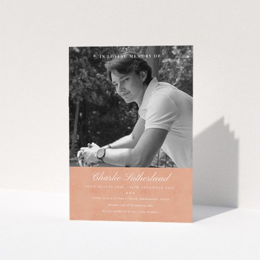 A funeral order of service named "Bold Elegance. It is an A5 booklet in a portrait orientation. It is a photographic funeral program with room for 1 photo. "Bold Elegance" is available as a folded booklet booklet, with splashes of light pink.