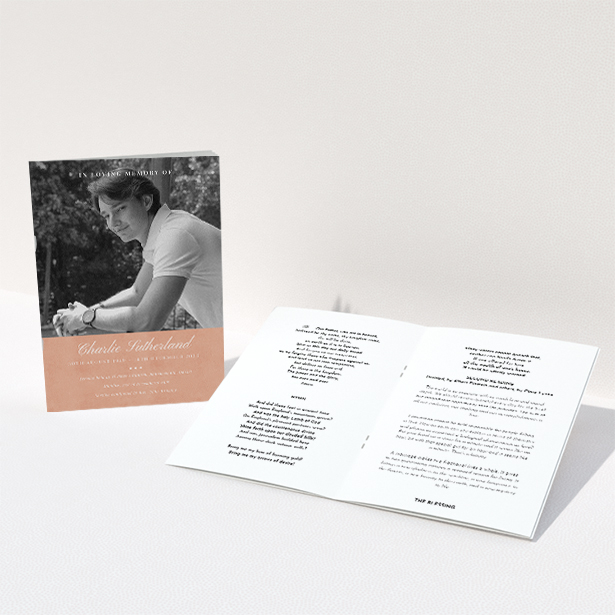 A funeral order of service named "Bold Elegance. It is an A5 booklet in a portrait orientation. It is a photographic funeral program with room for 1 photo. "Bold Elegance" is available as a folded booklet booklet, with splashes of light pink.