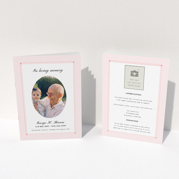 A funeral order of service named "Bright Border. It is an A5 booklet in a portrait orientation. It is a photographic funeral program with room for 1 photo. "Bright Border" is available as a folded booklet booklet, with splashes of light pink.