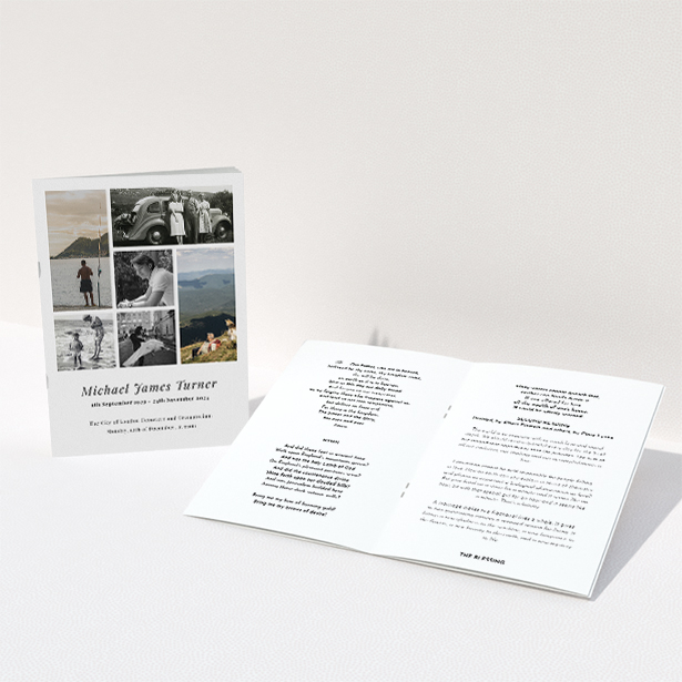 A funeral order of service named "Collage Cover. It is an A5 booklet in a portrait orientation. It is a photographic funeral program with room for 6 photos. "Collage Cover" is available as a folded booklet booklet, with tones of white and black.