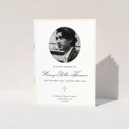 Funeral Order of Service Design - "Elegant Cross" A funeral order of service named "Elegant Cross. It is an A5 booklet in a portrait orientation. It is a photographic funeral order of service with room for 1 photo. "Elegant Cross" is available as a folded booklet booklet, with tones of yellow, gold and cream.