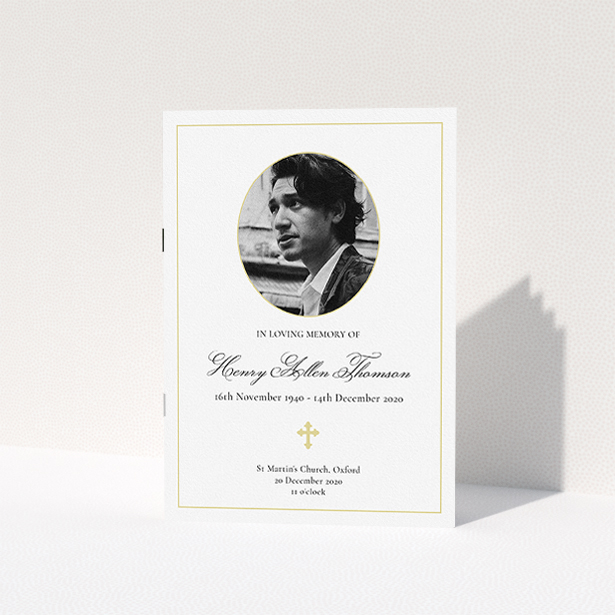 A funeral order of service named "Elegant Cross. It is an A5 booklet in a portrait orientation. It is a photographic funeral order of service with room for 1 photo. "Elegant Cross" is available as a folded booklet booklet, with tones of yellow, gold and cream.