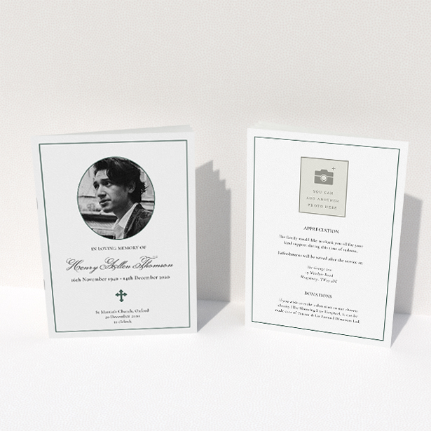 A funeral order of service named "Elegant Cross. It is an A5 booklet in a portrait orientation. It is a photographic funeral order of service with room for 1 photo. "Elegant Cross" is available as a folded booklet booklet, with tones of white and green.