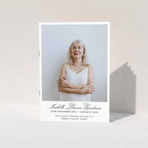 Funeral Order of Service Design - "Great Portrait" A funeral order of service named "Great Portrait. It is an A5 booklet in a portrait orientation. It is a photographic funeral program with room for 1 photo. "Great Portrait" is available as a folded booklet booklet, with splashes of white.