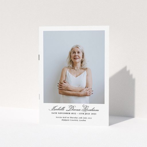 A funeral order of service named "Great Portrait. It is an A5 booklet in a portrait orientation. It is a photographic funeral program with room for 1 photo. "Great Portrait" is available as a folded booklet booklet, with splashes of white.