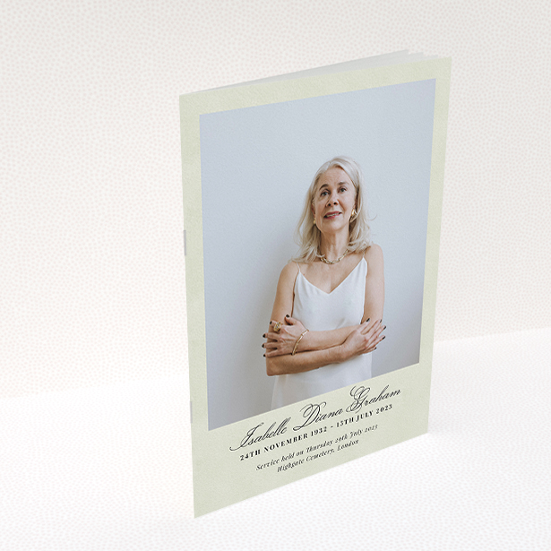 A funeral order of service named "Great Portrait. It is an A5 booklet in a portrait orientation. It is a photographic funeral program with room for 1 photo. "Great Portrait" is available as a folded booklet booklet, with splashes of green.