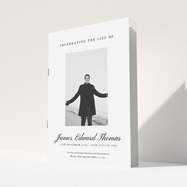 A funeral order of service named "Hazy background. It is an A5 booklet in a portrait orientation. It is a photographic funeral program with room for 1 photo. "Hazy background" is available as a folded booklet booklet, with tones of white and black.