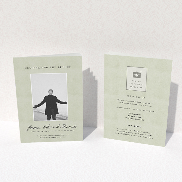 A funeral order of service named "Hazy background. It is an A5 booklet in a portrait orientation. It is a photographic funeral order of service with room for 1 photo. "Hazy background" is available as a folded booklet booklet, with splashes of green.