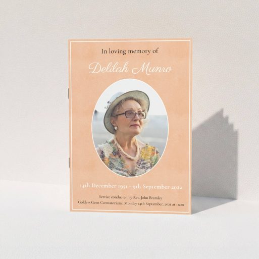 Funeral Order of Service Design - "Oval Frame" A funeral order of service named "Oval Frame. It is an A5 booklet in a portrait orientation. It is a photographic funeral program with room for 1 photo. "Oval Frame" is available as a folded booklet booklet, with splashes of light pink.