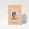 A funeral order of service named "Oval Frame. It is an A5 booklet in a portrait orientation. It is a photographic funeral order of service with room for 1 photo. "Oval Frame" is available as a folded booklet booklet, with splashes of light pink.