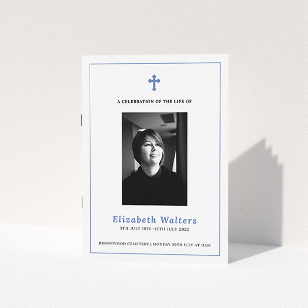 A funeral order of service named "Simple and Straightforward. It is an A5 booklet in a portrait orientation. It is a photographic funeral program with room for 1 photo. "Simple and Straightforward" is available as a folded booklet booklet, with splashes of white.