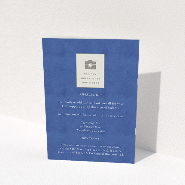 A funeral order of service named "Simple Elegance. It is an A5 booklet in a portrait orientation. It is a photographic funeral order of service with room for 1 photo. "Simple Elegance" is available as a folded booklet booklet, with neutral tones.
