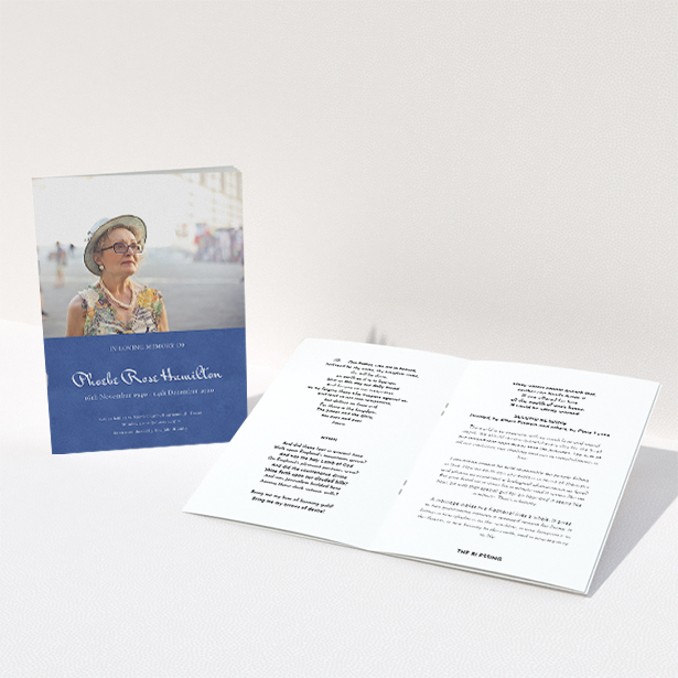 A funeral order of service named "Simple Elegance. It is an A5 booklet in a portrait orientation. It is a photographic funeral order of service with room for 1 photo. "Simple Elegance" is available as a folded booklet booklet, with neutral tones.