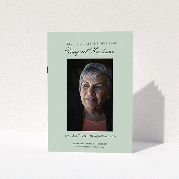 A funeral order of service named "Simple Portrait. It is an A5 booklet in a portrait orientation. It is a photographic funeral order of service with room for 1 photo. "Simple Portrait" is available as a folded booklet booklet, with splashes of green.