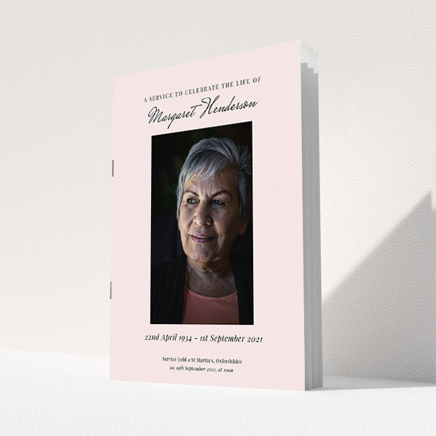 A funeral order of service named "Simple Portrait. It is an A5 booklet in a portrait orientation. It is a photographic funeral order of service with room for 1 photo. "Simple Portrait" is available as a folded booklet booklet, with splashes of light pink.