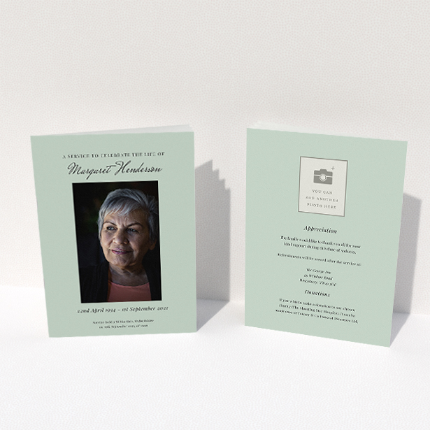 A funeral order of service named "Simple Portrait. It is an A5 booklet in a portrait orientation. It is a photographic funeral order of service with room for 1 photo. "Simple Portrait" is available as a folded booklet booklet, with splashes of green.