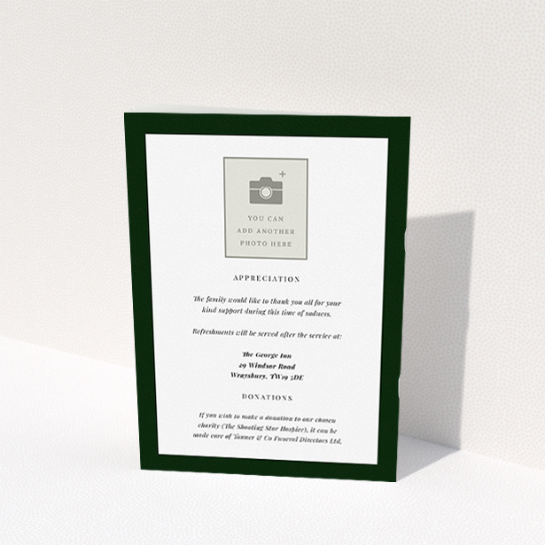 A funeral order of service named "Stoic Border. It is an A5 booklet in a portrait orientation. It is a photographic funeral order of service with room for 1 photo. "Stoic Border" is available as a folded booklet booklet, with splashes of white.