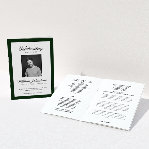 A funeral order of service named "Stoic Border. It is an A5 booklet in a portrait orientation. It is a photographic funeral order of service with room for 1 photo. "Stoic Border" is available as a folded booklet booklet, with splashes of white.