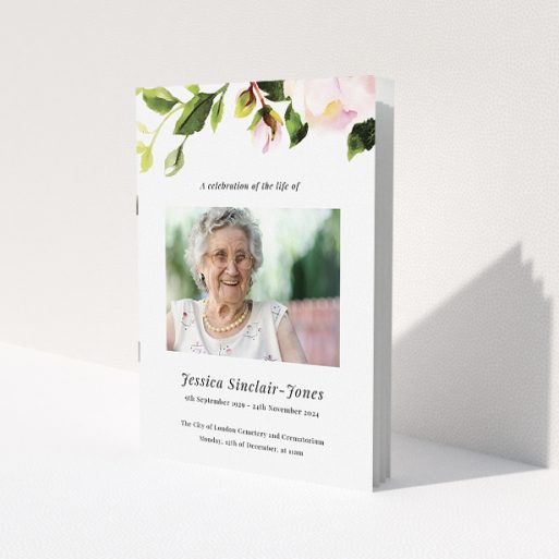 A funeral order of service named 'watercolour roses. It is an A5 booklet in a portrait orientation. It is a photographic funeral program with room for 1 photo. 'watercolour roses' is available as a folded booklet booklet, with tones of white and green.