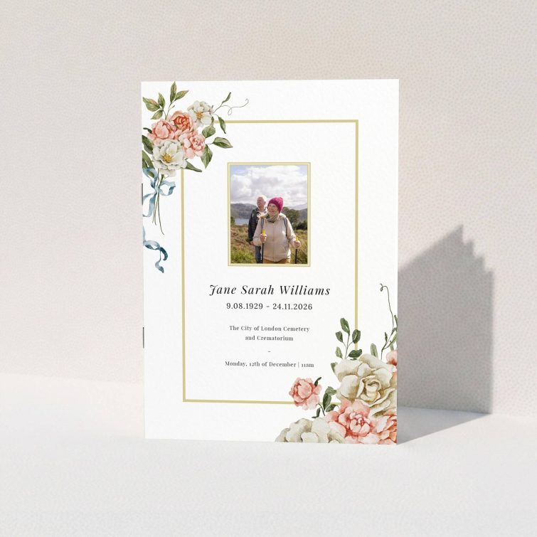 Floral funeral order of service program with one photo and elegant design elements.