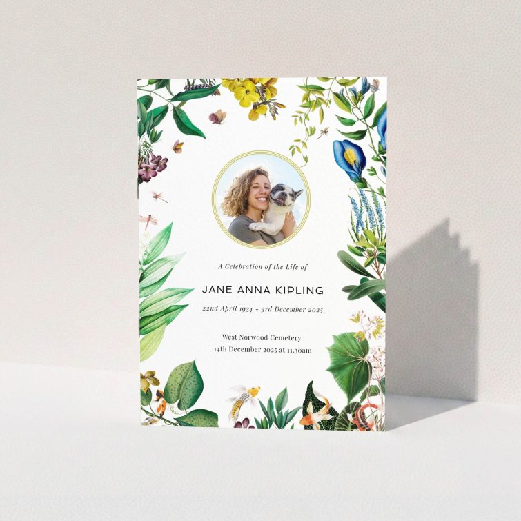 Floral-themed funeral order of service program with one photo placeholder.
