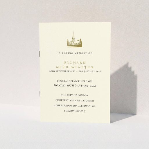 A funeral order of service called "Golden Church". It is an A5 booklet in a portrait orientation. "Golden Church" is available as a folded booklet booklet, with tones of cream and gold.