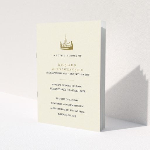 A funeral order of service called 'Golden Church'. It is an A5 booklet in a portrait orientation. 'Golden Church' is available as a folded booklet booklet, with tones of cream and gold.