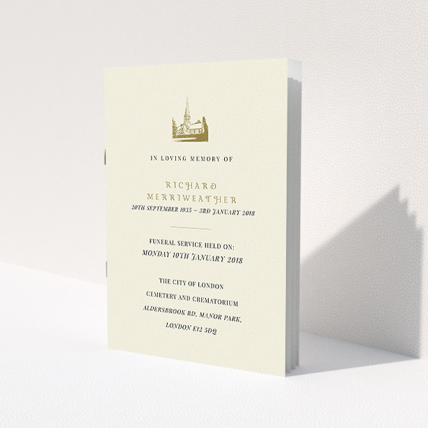 A funeral order of service called "Golden Church". It is an A5 booklet in a portrait orientation. "Golden Church" is available as a folded booklet booklet, with tones of cream and gold.