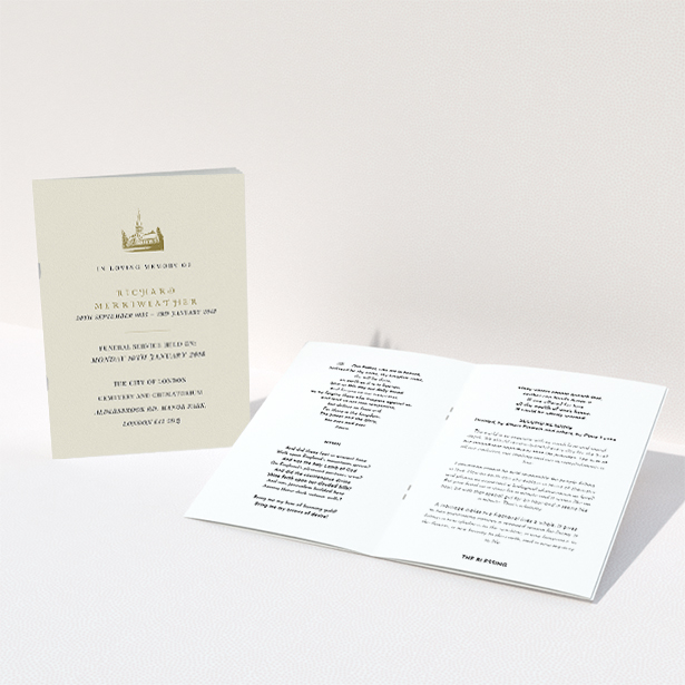 A funeral order of service called "Golden Church". It is an A5 booklet in a portrait orientation. "Golden Church" is available as a folded booklet booklet, with tones of cream and gold.