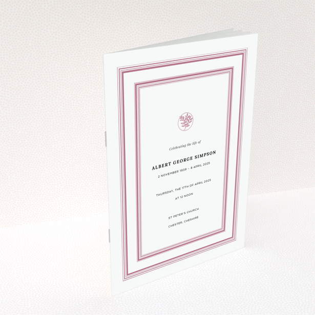 Funeral order of service program back page design in portrait orientation with pink border and space for text, no photos included.