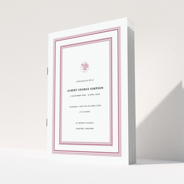 Funeral order of service program back page design in portrait orientation with pink border and space for text, no photos included.