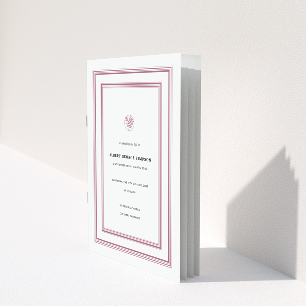 Funeral order of service program back page design in portrait orientation with pink border and space for text, no photos included.