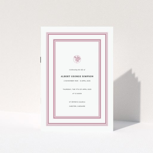 Funeral order of service programme design with one decorative photo element in a bordered layout.