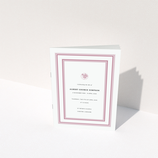 Funeral order of service program back page design in portrait orientation with pink border and space for text, no photos included.