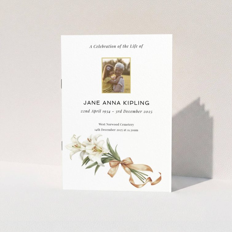 Funeral order of service program with floral design and one photo.