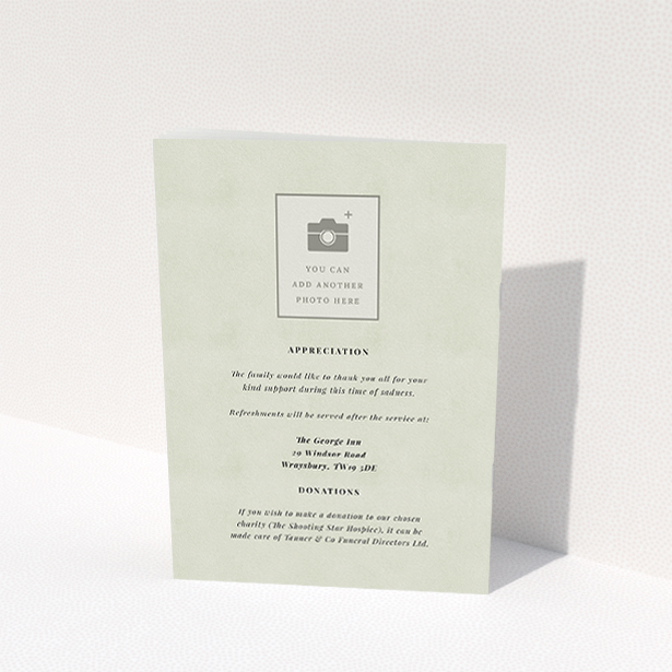 A funeral order of service named "Great Portrait. It is an A5 booklet in a portrait orientation. It is a photographic funeral program with room for 1 photo. "Great Portrait" is available as a folded booklet booklet, with splashes of green.