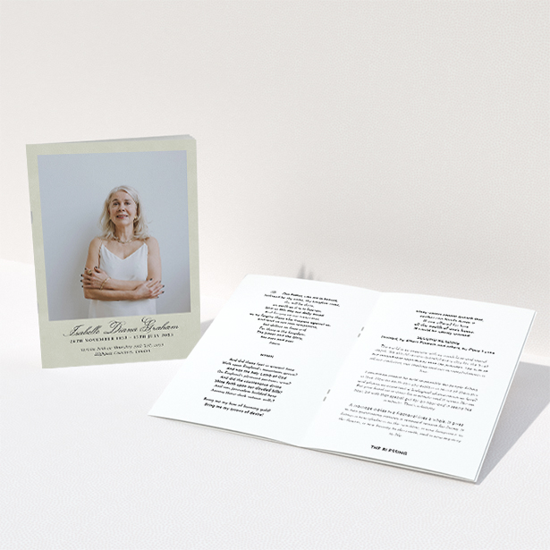 A funeral order of service named "Great Portrait. It is an A5 booklet in a portrait orientation. It is a photographic funeral program with room for 1 photo. "Great Portrait" is available as a folded booklet booklet, with splashes of green.