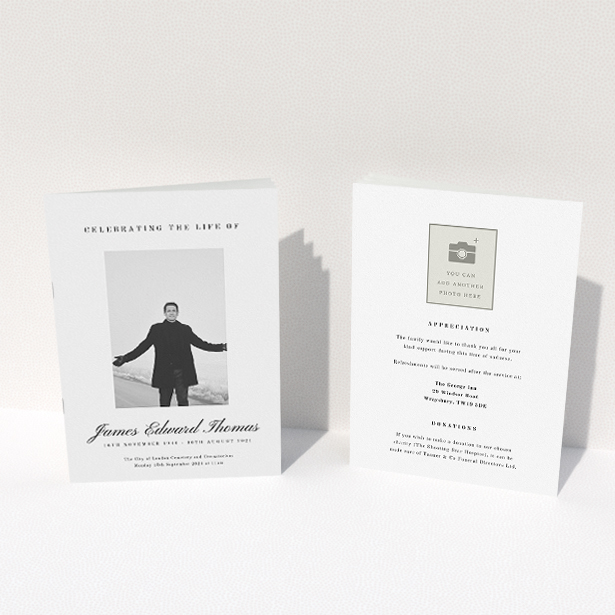 A funeral order of service named "Hazy background. It is an A5 booklet in a portrait orientation. It is a photographic funeral program with room for 1 photo. "Hazy background" is available as a folded booklet booklet, with tones of white and black.