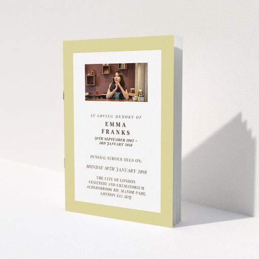 A funeral order of service named 'Impact of gold'. It is an A5 booklet in a portrait orientation. It is a photographic funeral order of service with room for 1 photo. 'Impact of gold' is available as a folded booklet booklet, with mainly gold colouring.