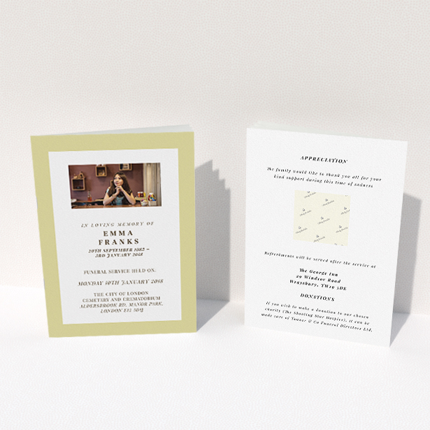 A funeral order of service named "Impact of gold". It is an A5 booklet in a portrait orientation. It is a photographic funeral order of service with room for 1 photo. "Impact of gold" is available as a folded booklet booklet, with mainly gold colouring.
