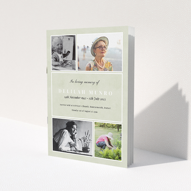 A funeral order of service named "Lots of Photos. It is an A5 booklet in a portrait orientation. It is a photographic funeral program with room for 4 photos. "Lots of Photos" is available as a folded booklet booklet, with splashes of green.