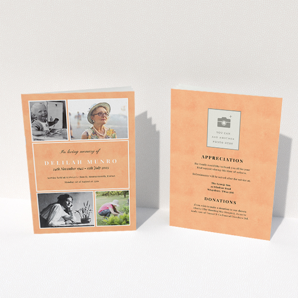 A funeral order of service named "Lots of Photos. It is an A5 booklet in a portrait orientation. It is a photographic funeral program with room for 4 photos. "Lots of Photos" is available as a folded booklet booklet, with splashes of orange.